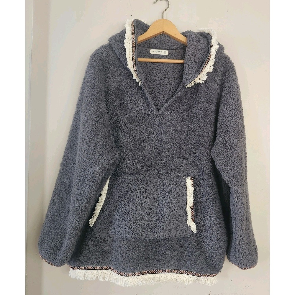 Natural Life One Size OS Gray Sherpa Hoodie Boho Fringe Embroidered Trim Top